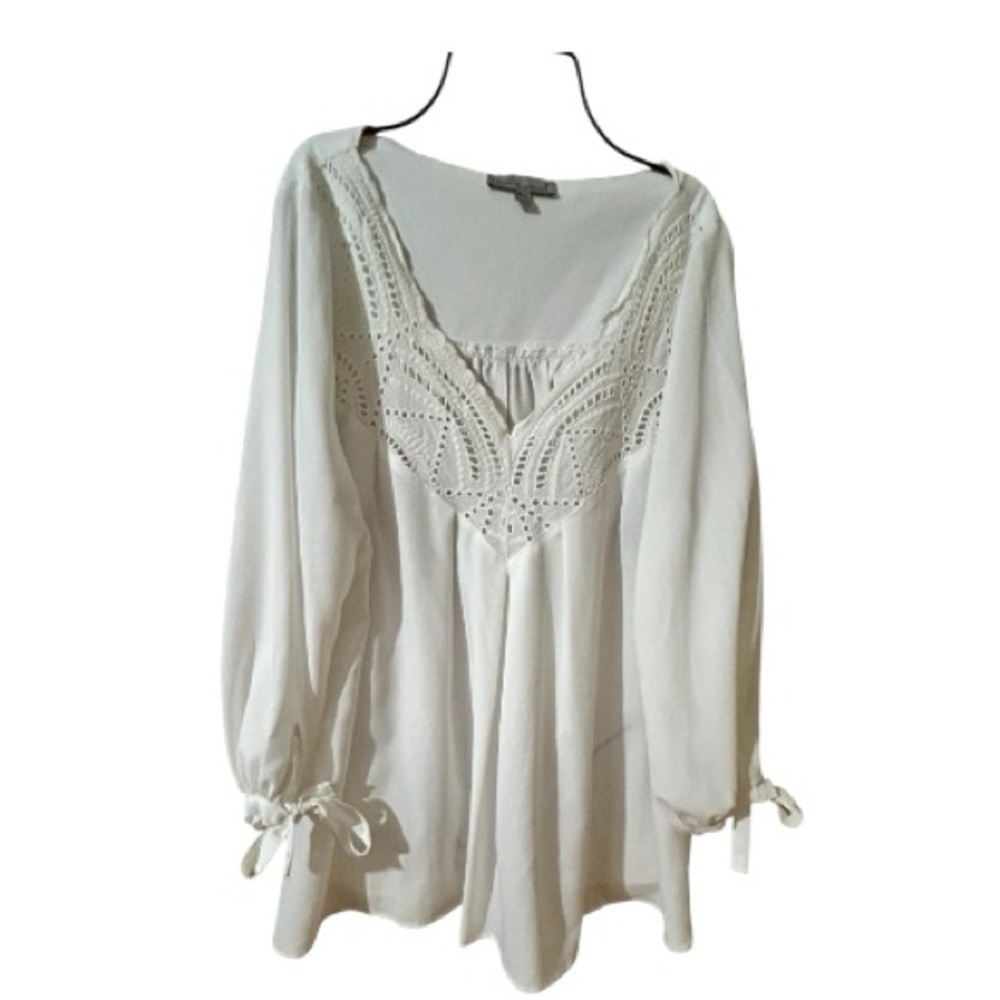 Wishlist Lace Blouse M/L White Boho Romantic V-Neck Long Sleeve - Picture 2 of 8